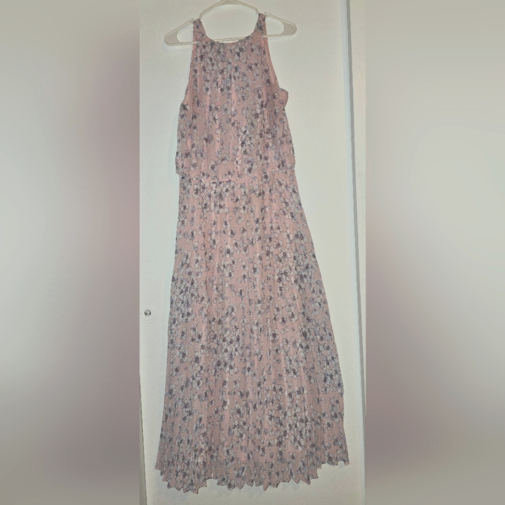 Pleated Chiffon Dress with Neck Tie